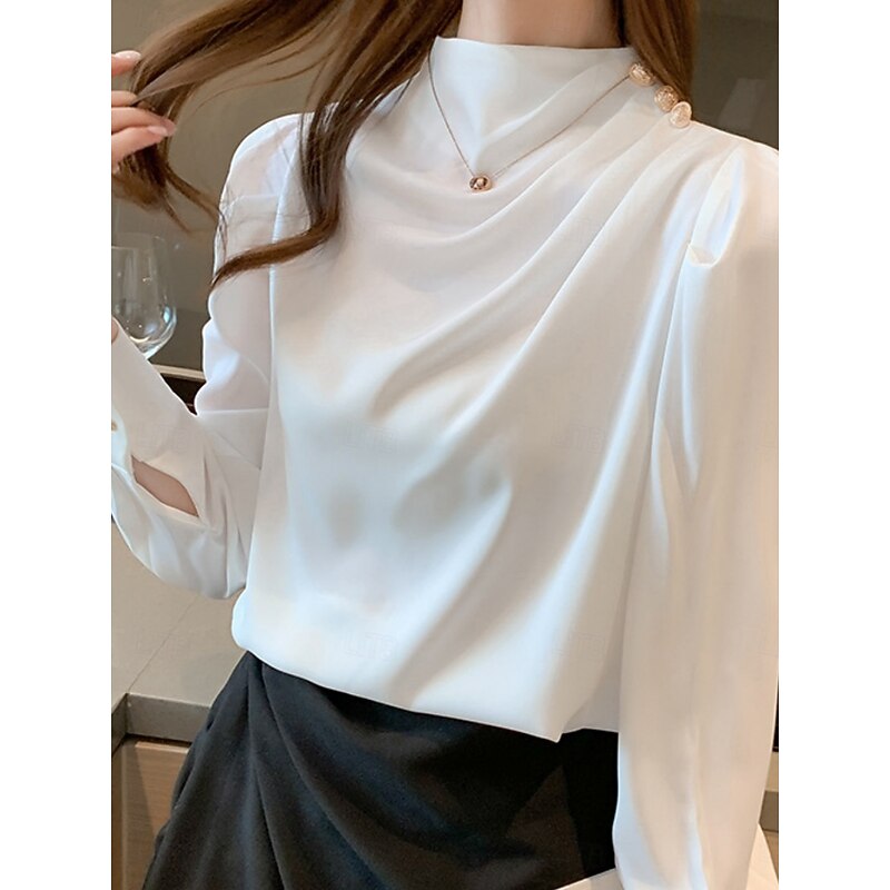 Women's Shirt Elegant Dressy Satin Solid Color Business Modern Casual Long Sleeve Turtleneck Regular Tops Work Formal Wear Buttons White Blue Summer Spring3