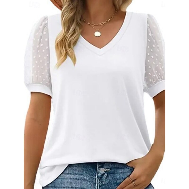 Women's T Shirt Plain Fashion Modern Casual Short Sleeve V Neck Regular Tops Daily Weekend Lace Patchwork Black White Summer Spring4