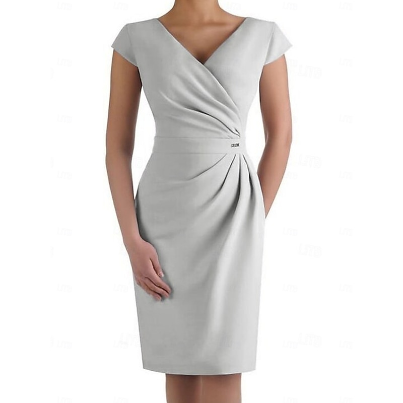 Sheath Mother of the Bride Dress Wedding Guest Elegant V Neck Knee Length Stretch Fabric Short Sleeve with Ruched free custom size3