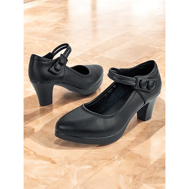 Women's Black High Heel Mary Jane Pumps - Round Toe, Stylish Ankle Strap with Button Detail, Perfect for Office or Casual Wear2