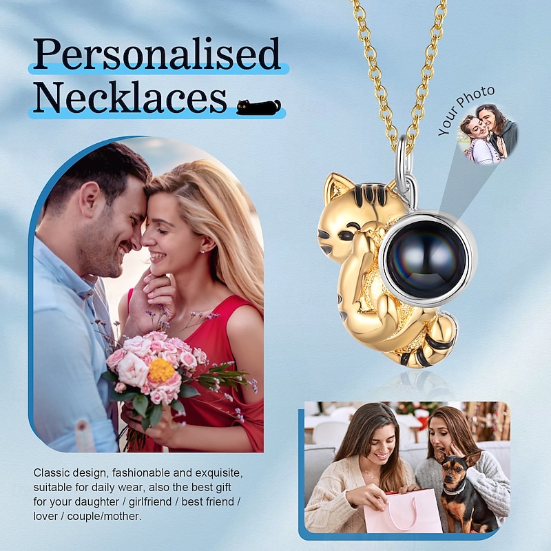 Personalized Photo Projection Necklace Custom Best Gift for Mom Wedding Gift for Lovers Copper Chain with Cat Pendant3