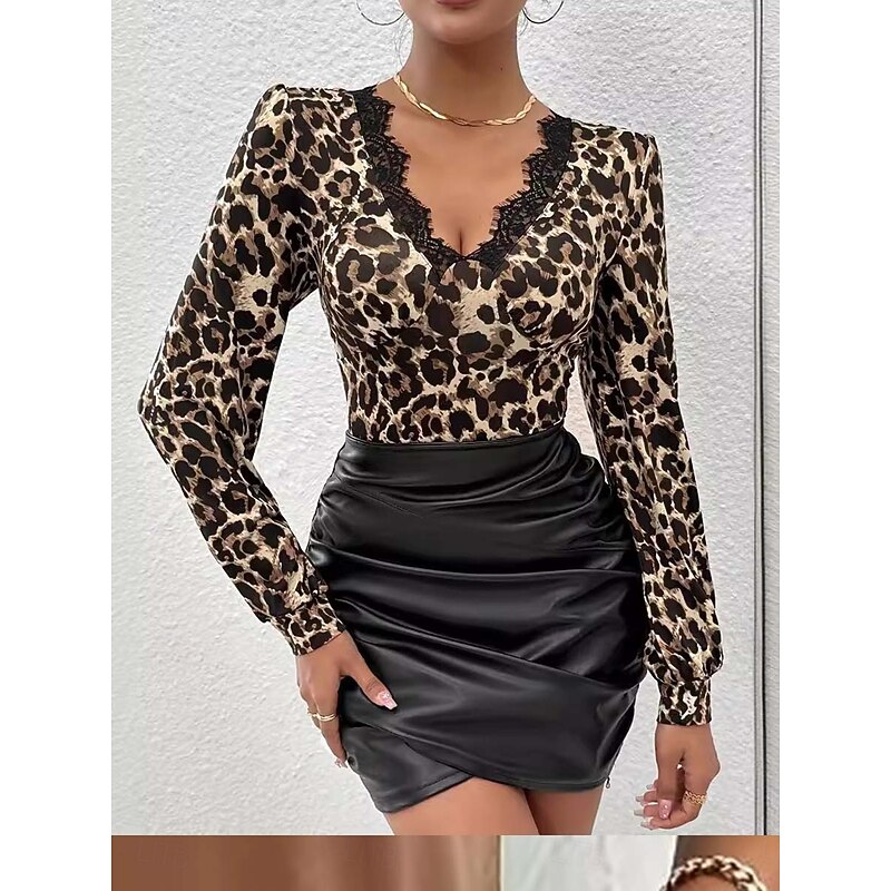 Women's Dressy Tops Sexy Long Sleeve V Neck Regular Tops Brown Summer Spring4