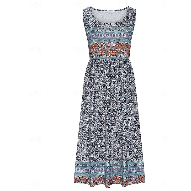 Women's Midi Dress Casual Dress Boho Dress Elegant Vintage Stylish Vacation Daily Regular Fit Graphic Sleeveless Crew Neck Black Blue Gray Light Blue Summer Spring2