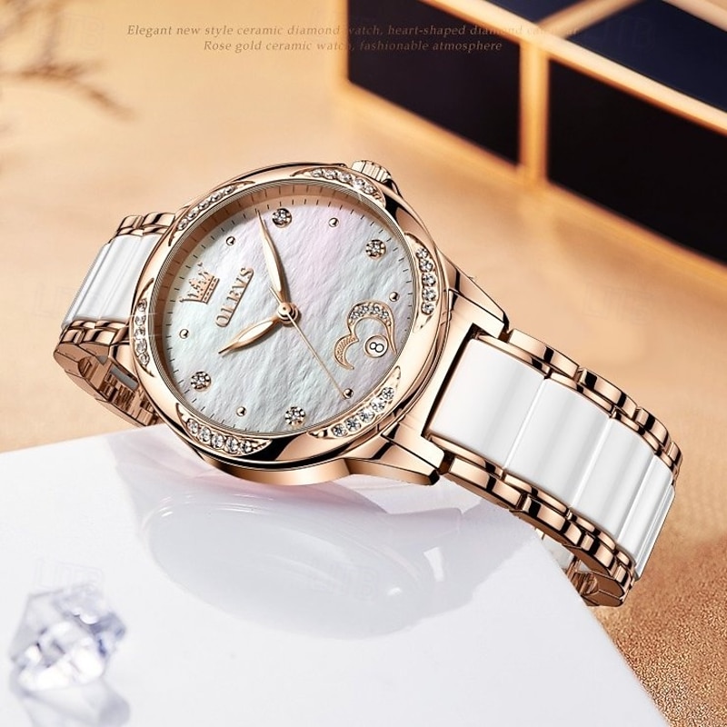OLEVS Women Mechanical Watch Creative Minimalist Fashion Casual Analog Wristwatch Automatic Self-winding Luminous Calendar Waterproof Ceramic Watch for Women Gift Women Watches