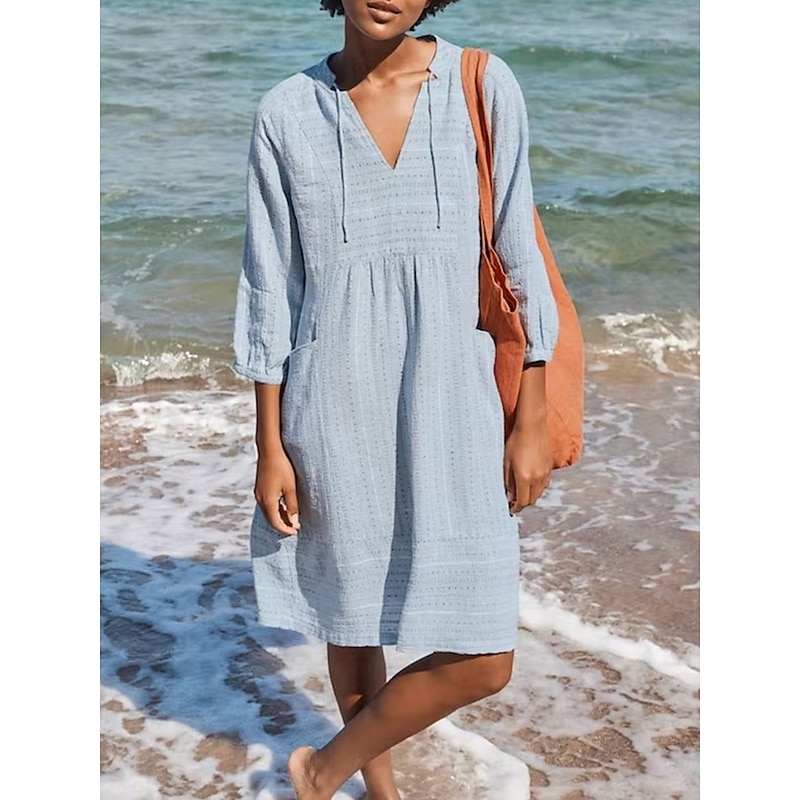 Women's Midi Dress Cotton Linen Dresses Casual Dress Basic Casual Vacation Daily Regular Fit Plain 3/4 Length Sleeve V Neck Black White Light Green Light Blue Summer