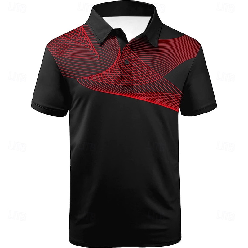 Men's Striped Sports Polo Shirts Golf Shirt Short Sleeve Polo Shirts Collared Shirts Casual Sportswear Vacation Wear Buttons 3D Print Black and Red Black-White Black4
