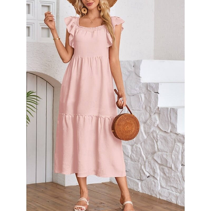 Women's Maxi Dress Casual Dress Swing Dress A Line Dress Stylish Basic Casual Vacation Daily Regular Fit Plain Short Sleeve Square Neck Pink Beige Summer Spring