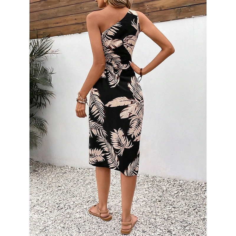 Women's Midi Dress Casual Dress Bodycon Stylish Casual Vacation Daily Regular Fit Leaf Sleeveless One Shoulder Black Summer2