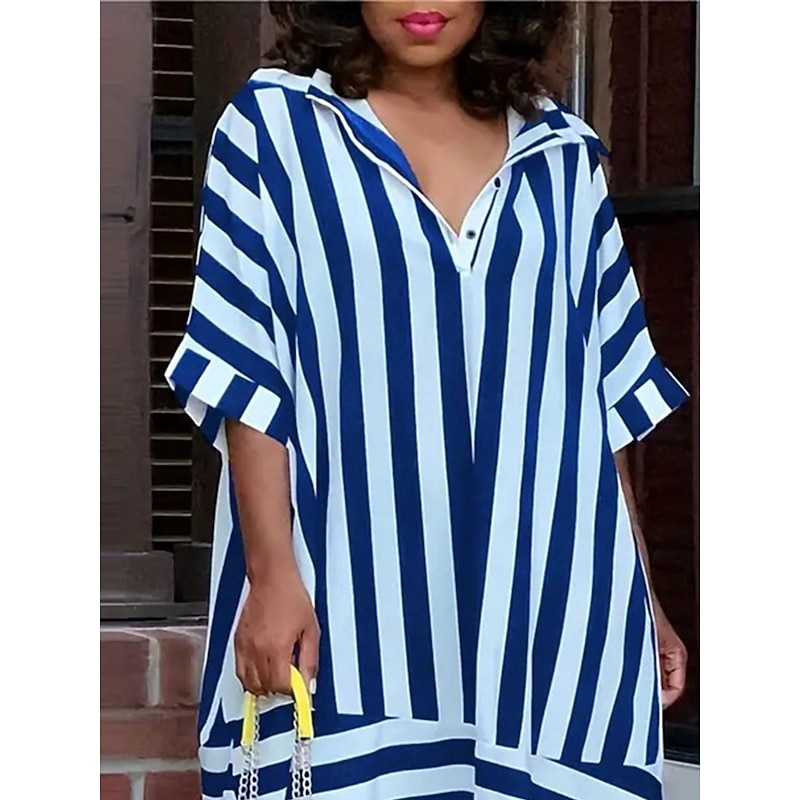 Women's Midi Dress Shirt Dress Casual Dress Stylish Casual Vacation Daily Date Loose Fit Stripe Short Sleeve Shirt Collar Black Red Blue Summer Spring Fall2