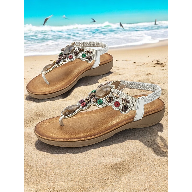 Women's Beaded T-Strap Sandals with Embellished Detail and Comfortable Wedge Heel – Ideal for Beach, Vacation and Casual Outings