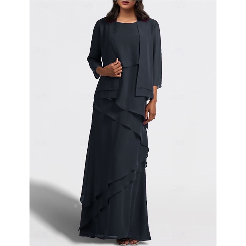 Two Piece A-Line Mother of the Bride Dress Wedding Guest Elegant Jewel Neck Floor Length Chiffon Sleeveless Wrap Included with Cascading Ruffles Solid Color4