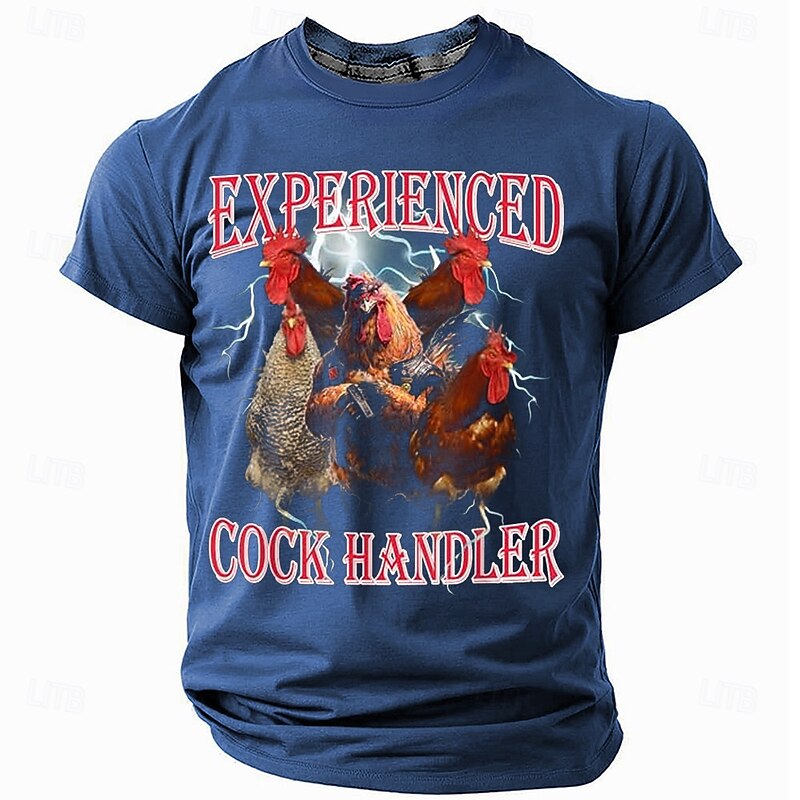 Men's Graphic T-Shirt, Experienced Cock Handler Funny Pun Rooster Design Short Sleeve Tee