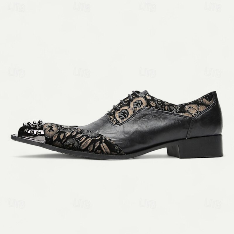 Men's Black Leather Lace-Up Dress Shoes – Premium Cowhide with Floral Embroidery and Metal Studded Toe Cap for Formal Events and Parties4