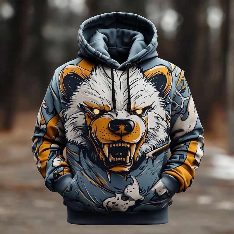 Men's Bear Hoodies Sweatshirt Cool Party Long Sleeve Crew Neck Club Streetwear Blue Drawstring Fall Winter Designer