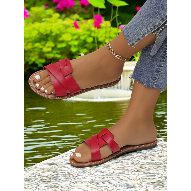 Women's Red Cross-Strap Flat Sandals with Open Toe and Comfortable Sole - Stylish Summer Footwear for Beach Trips and Casual Outings3