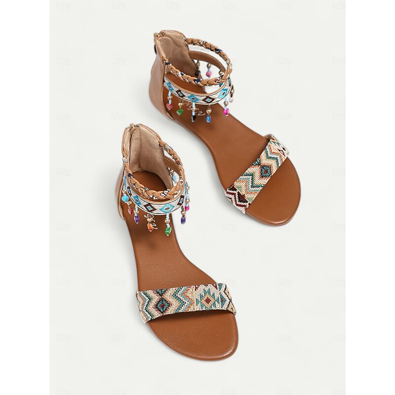 Women's Bohemian Beaded Ankle Strap Sandals – Tribal Print Flat Summer Shoes for Casual Beach Outings4