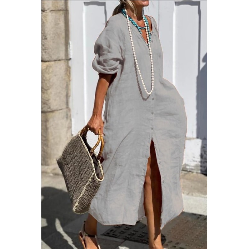 Women's Maxi Dress Cotton Linen Dresses Shirt Dress Casual Dress Basic Casual Vacation Daily Regular Fit Plain Long Sleeve Shirt Collar Gray Summer Spring