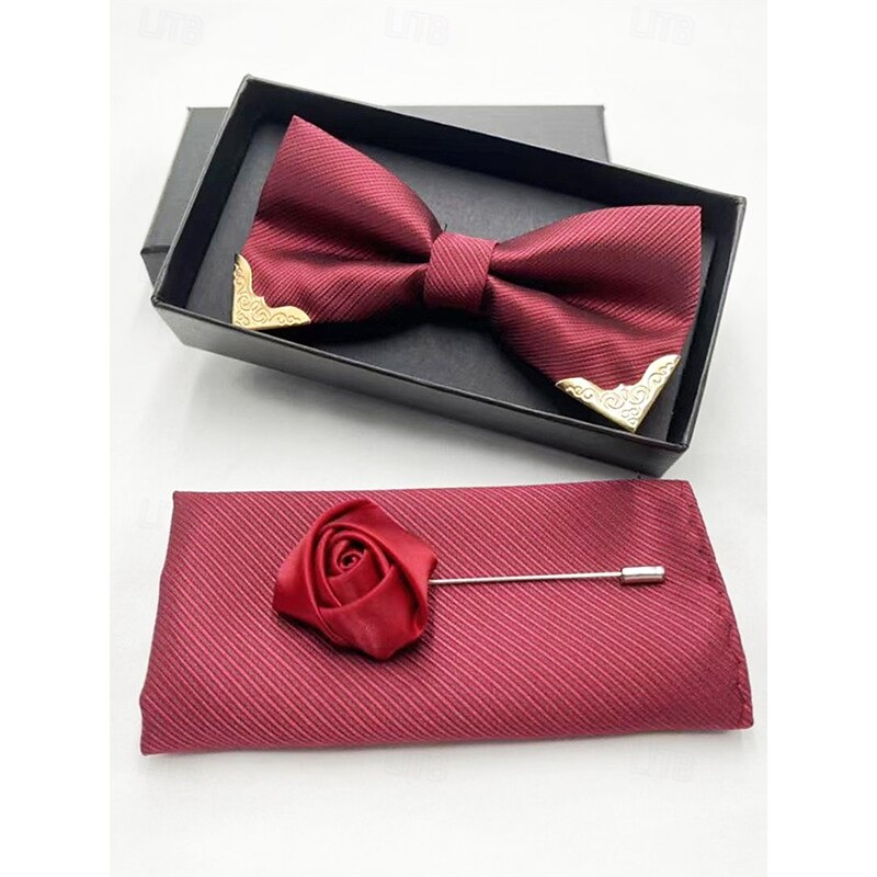 Men's Burgundy Bow Tie Set with Gold-Tipped Design, Pocket Square, and Rose Lapel Pin – Elegant Accessories for Weddings, Parties and Formal Occasions2
