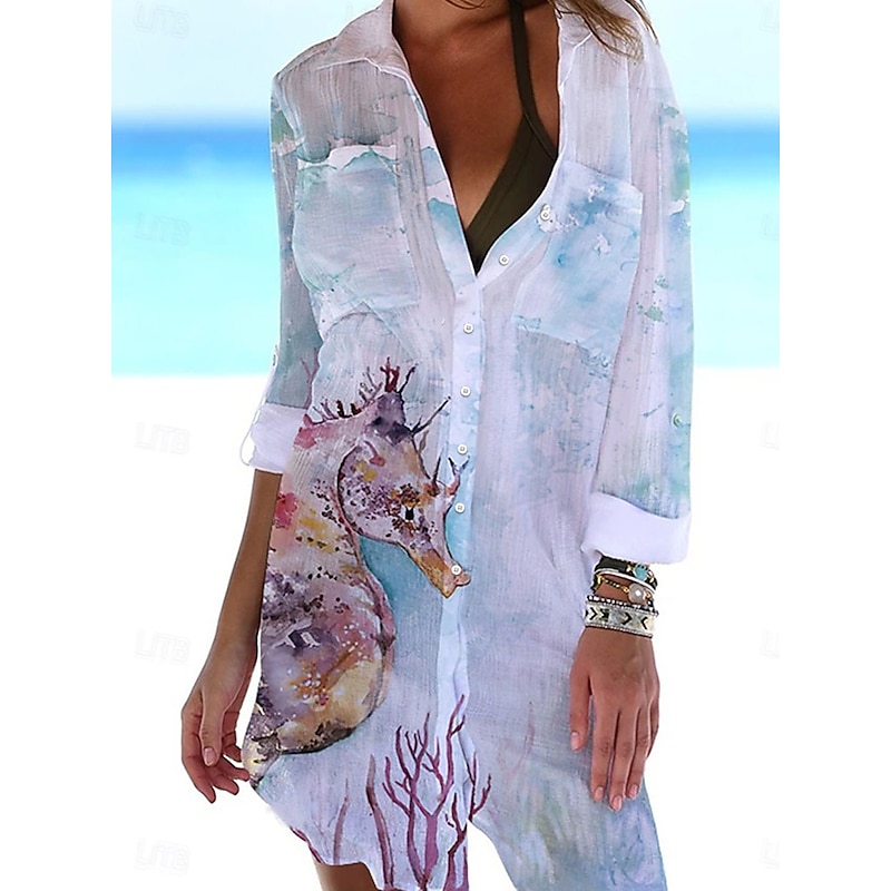Women's Mini Dress Shirt Dress Cover Up Beach Wear Mini Dress Pocket Print Fashion Casual Fish Turndown 3/4 Length Sleeve Loose Fit Outdoor Daily White Blue 2023 Summer Spring S M L XL4