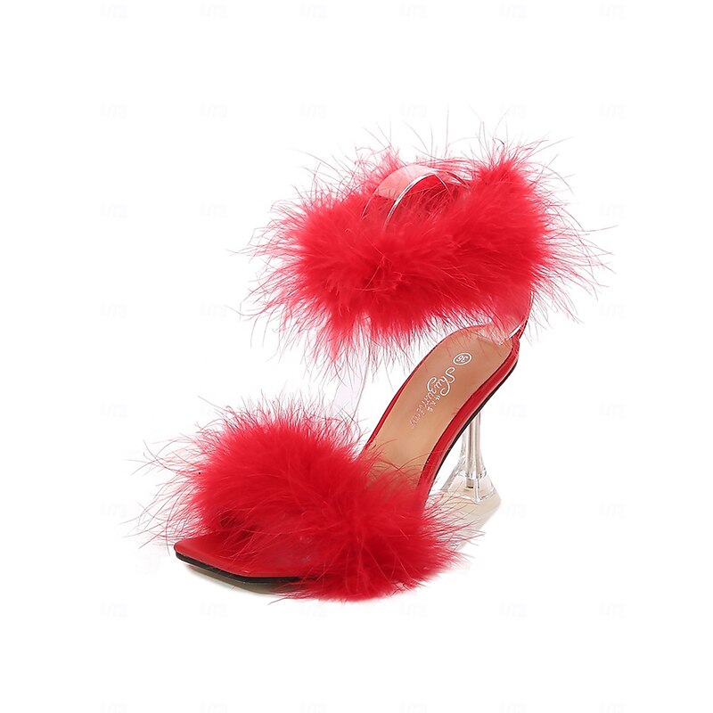 Turquoise Feather-Embellished High Heel Sandals with Clear Stiletto Heel for Women – Perfect for Parties and Special Events