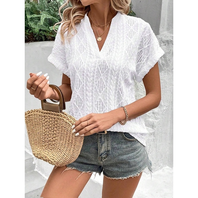 Women's T Shirt Plain Fashion Modern Casual Short Sleeve V Neck Regular Tops Daily Weekend Eyelet White Pink Sky Blue Khaki Summer Spring3