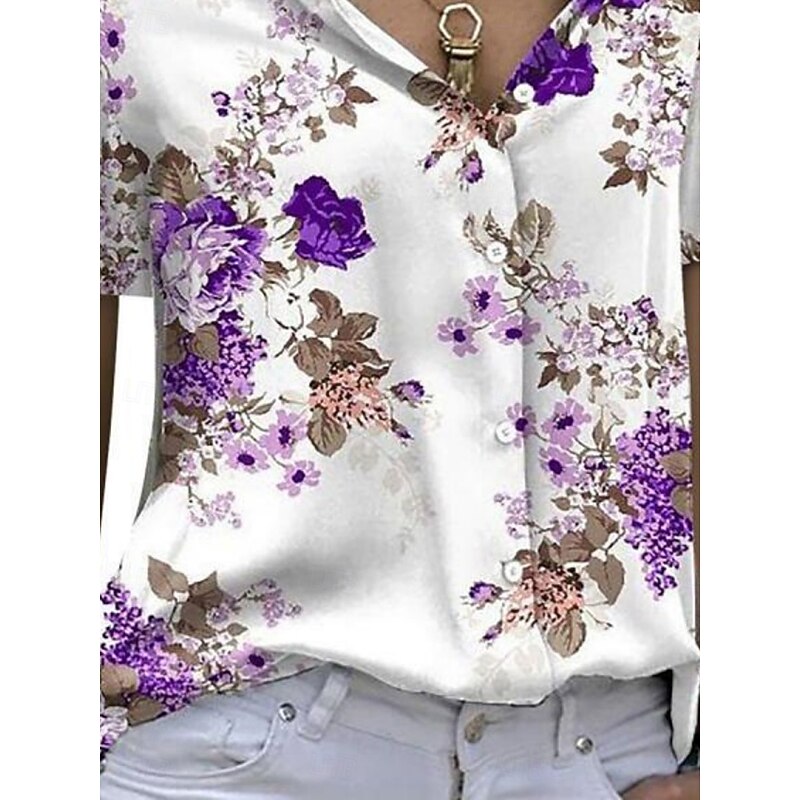 Women's Shirt Blouse Floral Stylish Casual Short Sleeve Shirt Collar Regular Tops Daily Buttons Print Blue Purple Green Summer Spring3