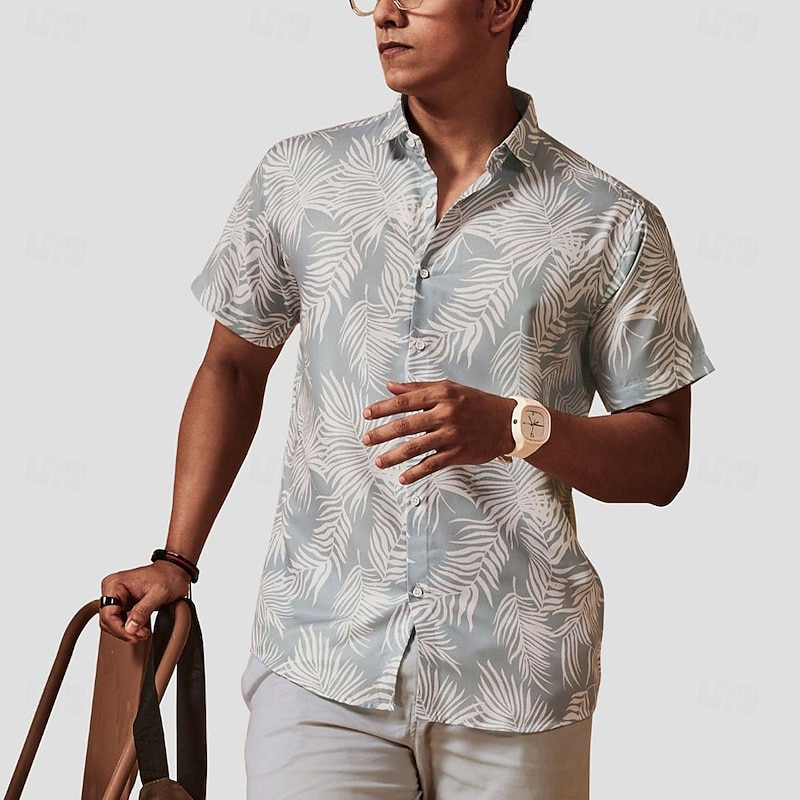 Men's Leaf Tropical Plants Summer Hawaiian Shirt Aloha Shirt Short Sleeve Hawaiian Resort Vacation Holiday Beach Wear Summer Spring Turndown Button Up Gray2