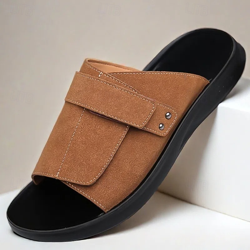 Men's Tan Suede Slide Sandals - Adjustable Strap, Lightweight, Comfortable Slip-On Style for Casual Summer Wear and Indoor Use