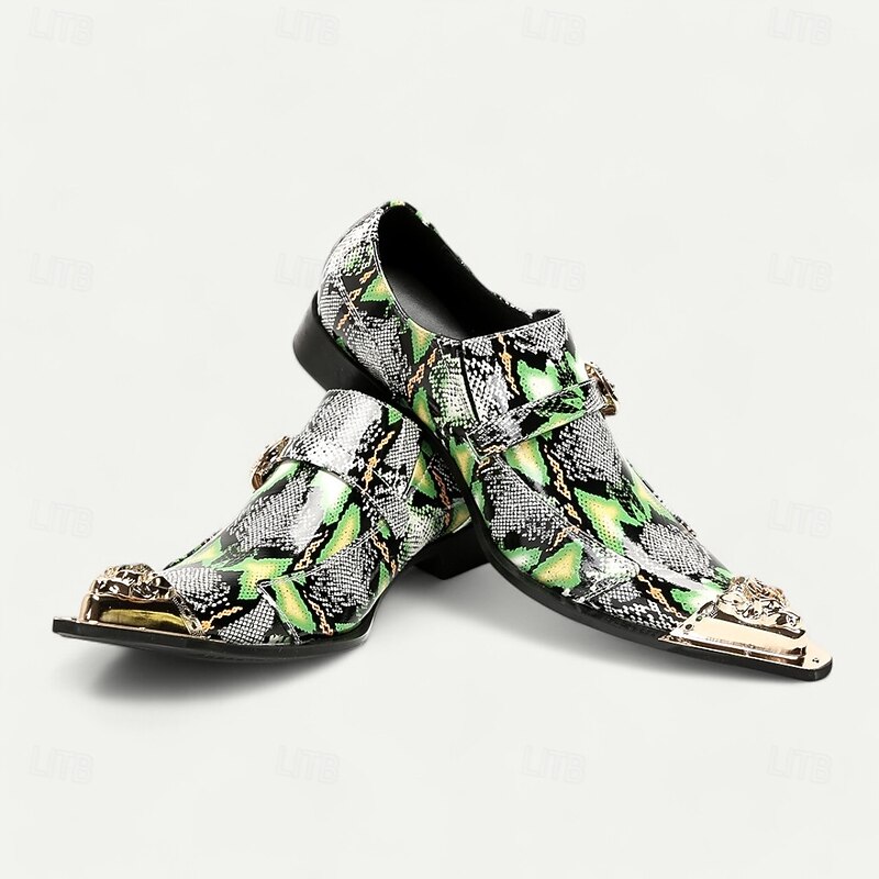 Men's Green Snake Print Leather Slip-On Loafers with Metal Buckle and Decorative Toe Cap - Premium Cowhide Exotic Style Dress Shoes for Parties and Formal Events3
