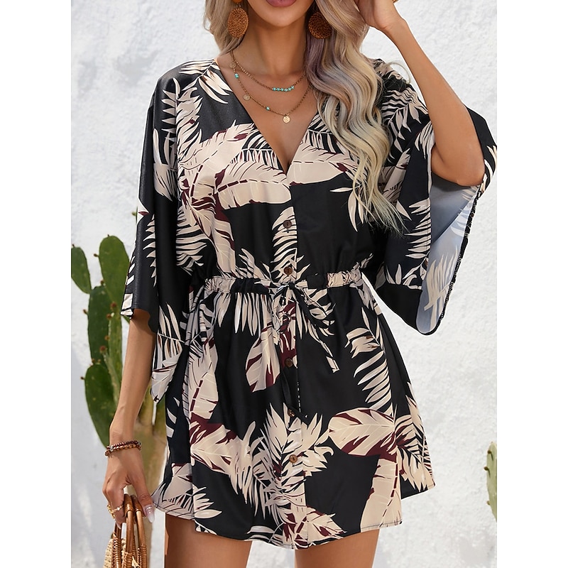 Women's Mini Dress Casual Dress A Line Dress Stylish Casual Vacation Daily Regular Fit Floral Short Sleeve V Neck Black Navy Blue Summer3
