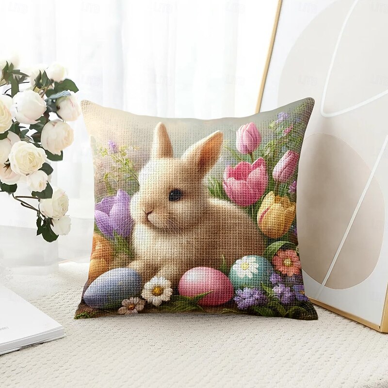 Easter Decorative Toss Pillows Cover 1PC Bunny Eggs Soft Square Couch Cushion Case Pillowcase for Bedroom Livingroom Sofa Chair3