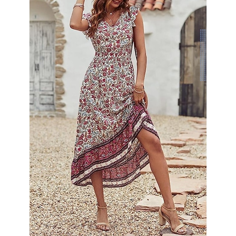 Women's Midi Dress Casual Dress A Line Dress Boho Dress Stylish Casual Vacation Daily Regular Fit Floral Short Sleeve V Neck Burgundy Summer4
