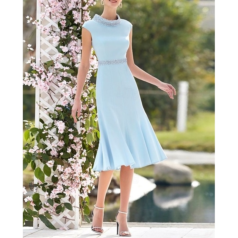 Dress Sets Mother of the Bride Formal Wedding Guest Elegant Vintage Jewel Neck Tea Length Stretch Fabric 3/4 Length Sleeve with Lace Pearls Race Day Dress3