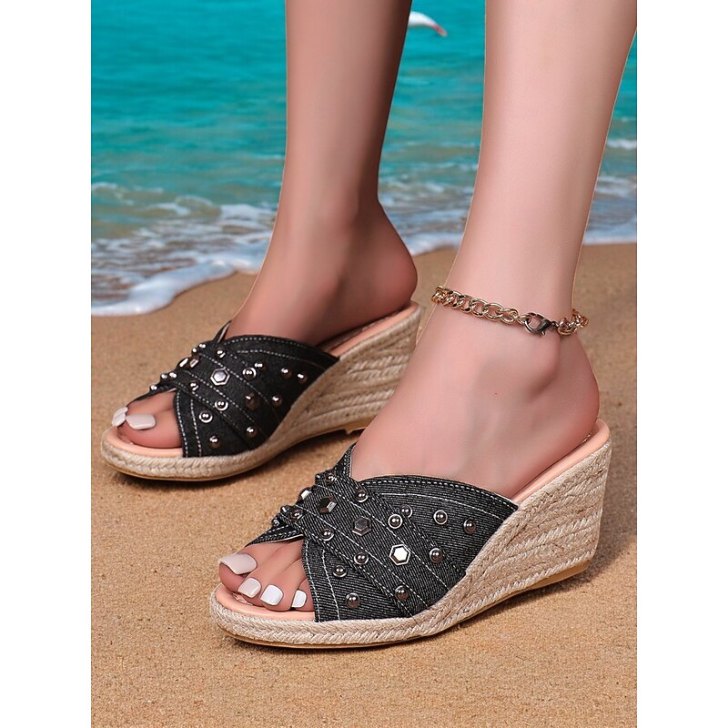 Women's Wedge Sandals with Studded Denim Design and Open-Toe – Comfortable Casual Footwear for Summer, Beach and Vacation3