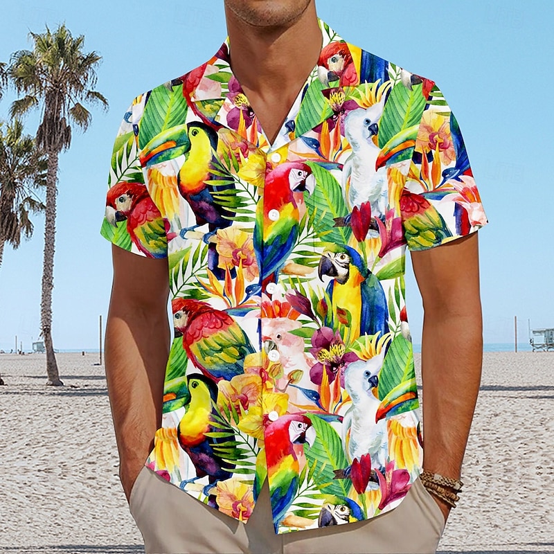Men's Leaf Parrot Beach Shirt Aloha Shirt Short Sleeve Hawaiian Vacation Summer Spring Cuban Collar Button Up Green