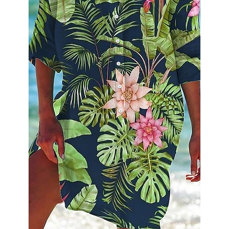Women's Mini Dress Shirt Dress Hawaiian Shirts Flowy Blue Green Animal Floral Pocket Print Long Sleeve Holiday Casual V Neck Long Summer Holiday Clothes Beach Wear2