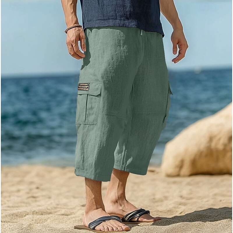 Men's Capri Cargo Shorts Linen Shorts Summer Shorts Beach Shorts Drawstring Elastic Waist Multi Pocket Plain Comfort Breathable Knee Length Yoga Holiday Beach Vacation Fashion Black Navy Blue
