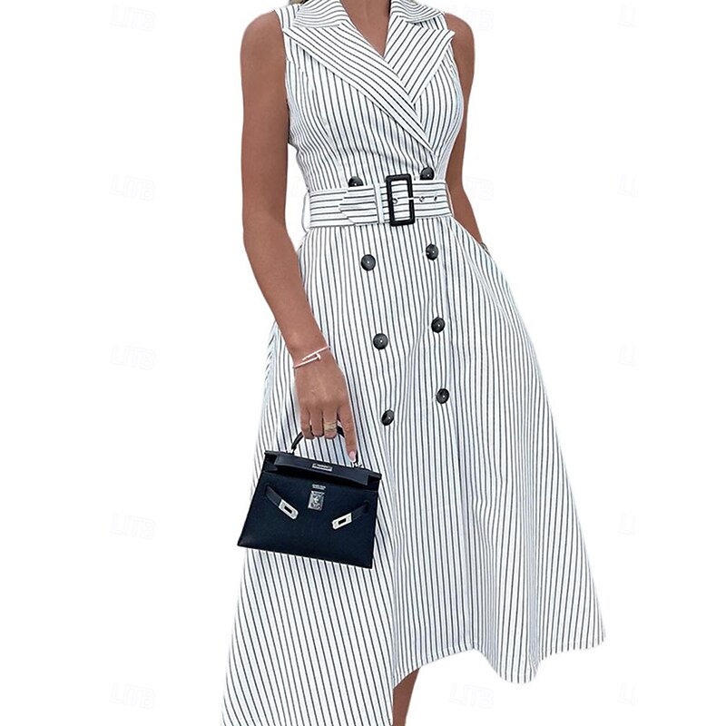 Women's Long Dress Maxi Dress Blazer Dress A Line Dress Elegant Stylish Formal Work Daily Date Regular Fit Stripe Sleeveless Shirt Collar White Summer Spring Fall3
