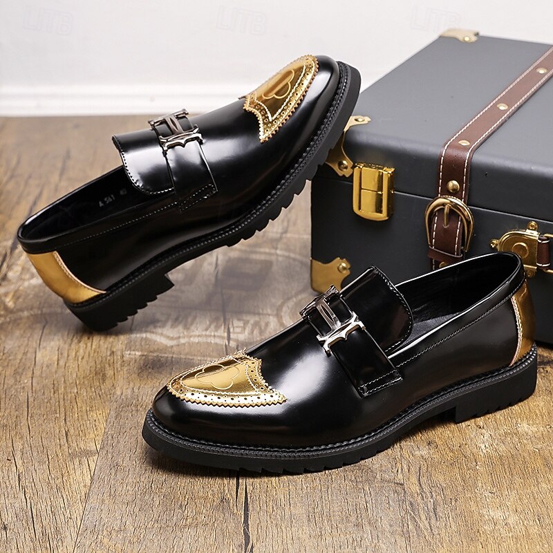Men's Black and Gold Slip-On Loafers with Decorative Buckle and Brogue Detailing – Stylish Formal Shoes for Office and Special Occasions2