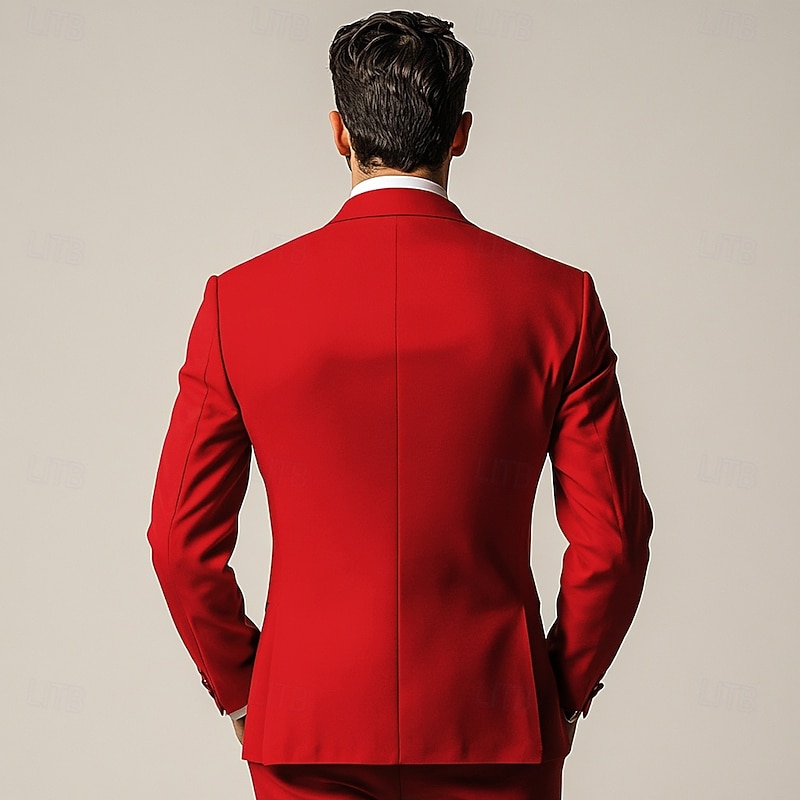 Men's Wedding Suits Notch Lapel Red Party Formal Solid Colored Standard Fit 3 Piece Single Breasted One-button4