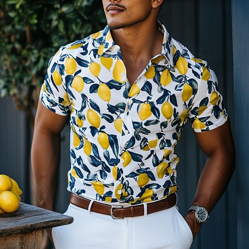 Men's Fruit Beach Shirt Aloha Shirt Short Sleeve Hawaiian Vacation Summer Spring Turndown Button Up Yellow Orange Green4