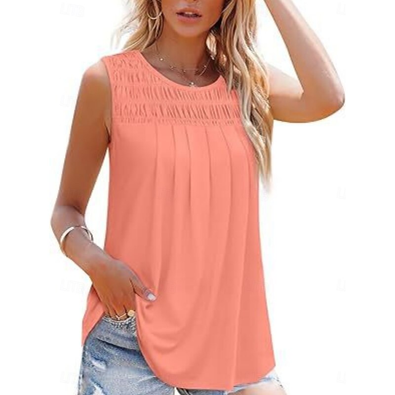Women's Blouse Solid Color Basic Casual Sleeveless Crew Neck Regular Tops Daily Ruched White Pink Summer4