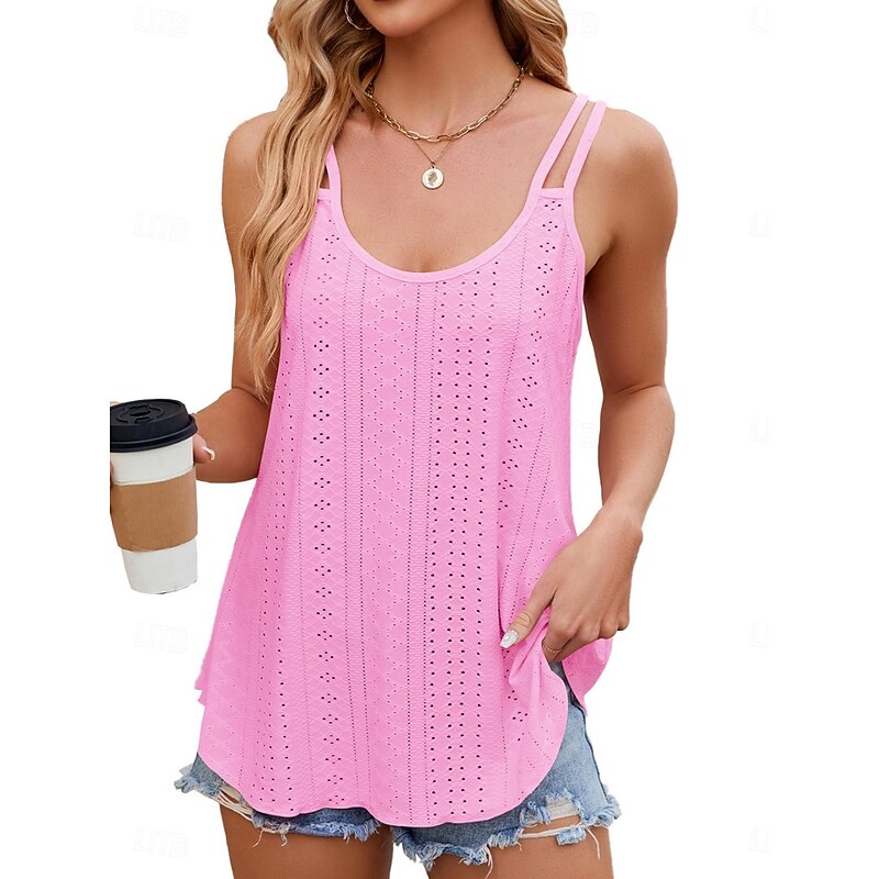 Women's Camisole Tank Top Solid Color Stylish Casual Sleeveless U Neck Regular Tops Daily Eyelet White Yellow Pink Wine Summer