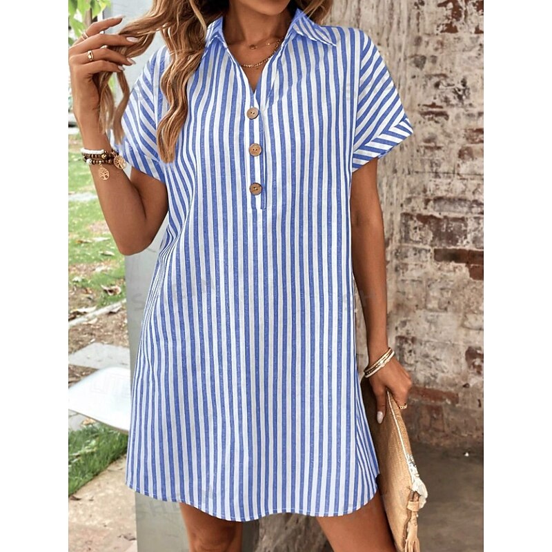 Women's Midi Dress Shirt Dress Stylish Casual Vacation Daily Regular Fit Stripe Short Sleeve Shirt Collar Black Blue Summer2