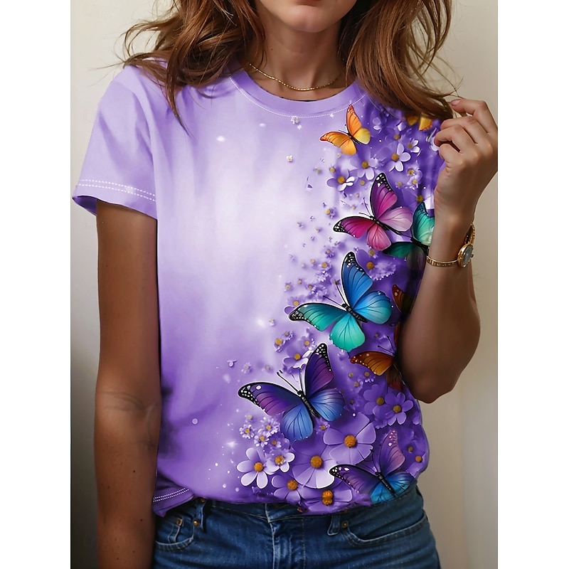 Women's T Shirt Butterfly Casual Short Sleeve Round Neck Regular Tops Daily Print Purple Summer