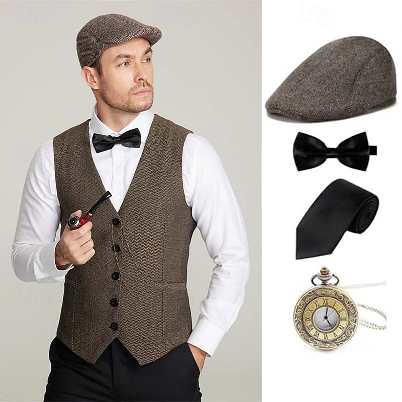 Retro Vintage Roaring 20s 1920s Outfits Waistcoat Accessories Set Gentleman Gangster Fancy Dress Men's Carnival Costume 5 PCS Christmas Halloween Carnival Masquerade Cocktail Party Theme Party Adults'