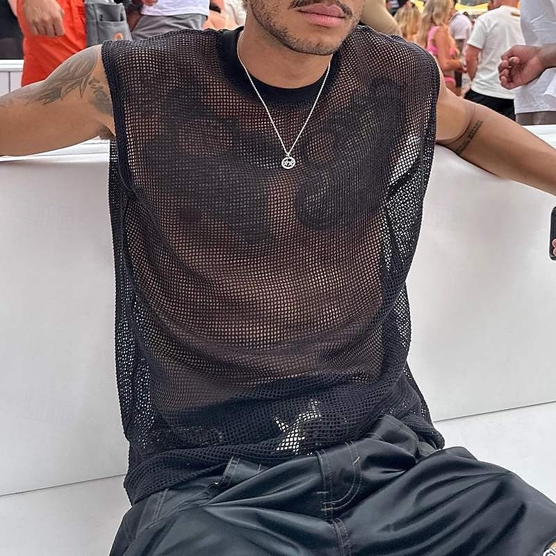 Men's Tank Top Undershirt Sleeveless Shirt Sleeveless Crewneck Summer Plain Fashion Sexy Muscle Hollow Out Outdoor Going out Gym Black Top Tee for Men