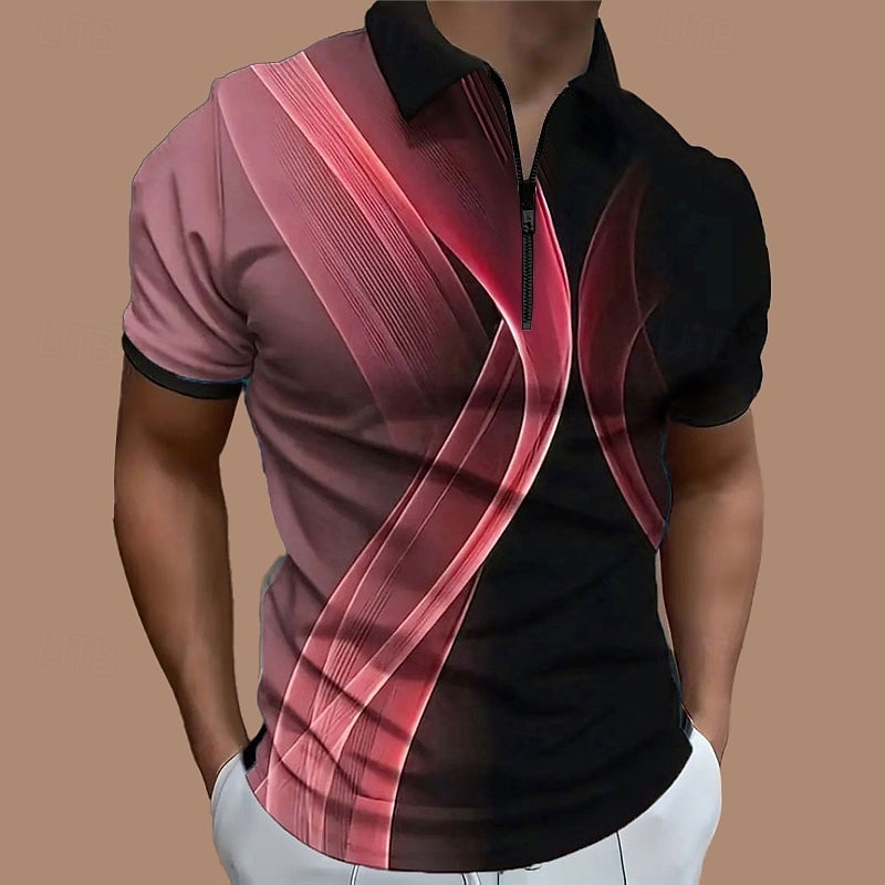Men's Geometric Zip Polo Shirts Golf Shirt Short Sleeve Polo Shirts Collared Shirts Business Casual Vacation Wear Formal Wear Festival Wear 3D Print Quarter Zip Polo Spring & Summer Pink Blue Purple2