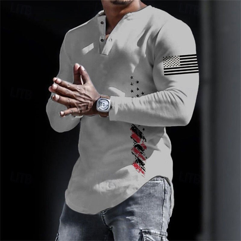 Men's Graphic USA National Flag Henley Shirt Long Sleeve 3D Print Fashion Daily Casual Casual Holiday Going out Spring &  Fall Black White Yellow Gray Henley Henley T-Shirt2