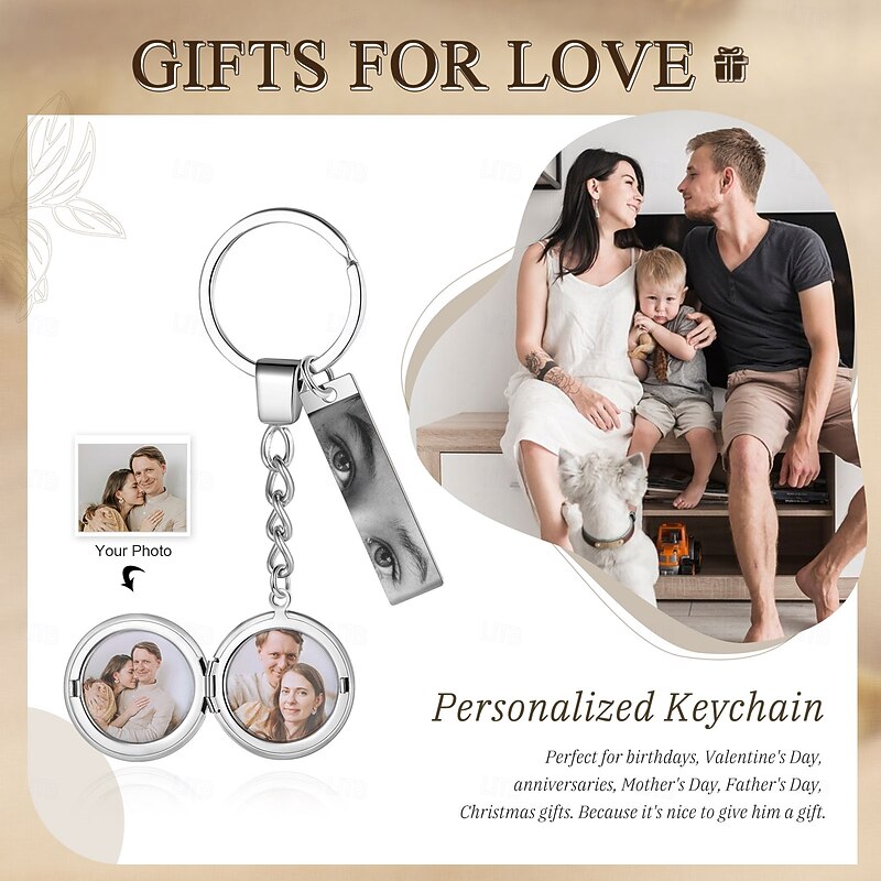 Personalized Keychain with Round & Rectangle Pendants Custom Best Gift for Mom - Stainless Steel Engraved with 2 Photos and Eye Picture, Perfect Wedding Gift for Couple3